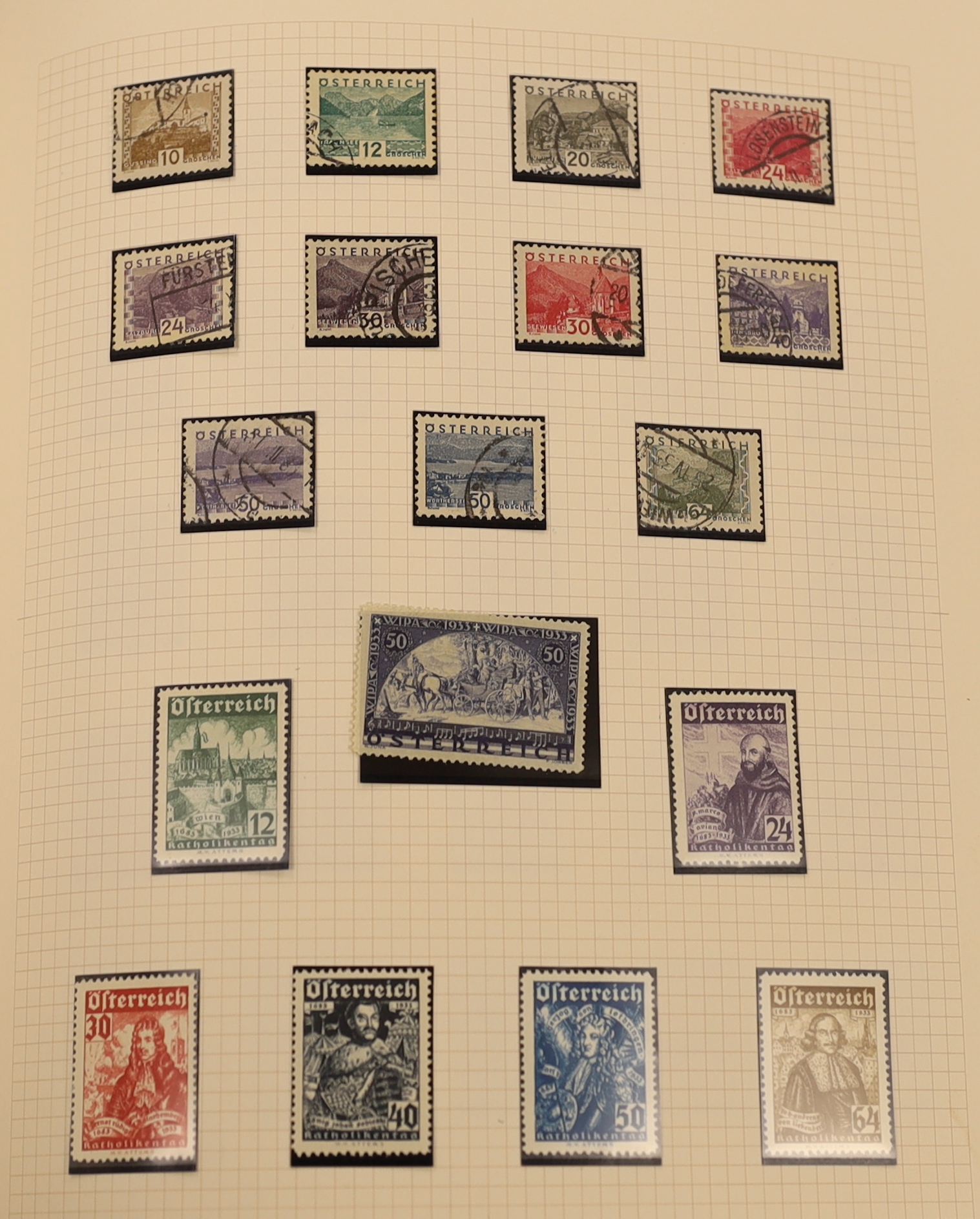 A collection of Austrian stamps in three albums with a range of early issues including imperfs, 1858-59 3k. black and 3k. green used, 1910 Birthday set mint, 1933 WIPA 50g. mint, 1946 Anti- Fascist unissued pair unmounte